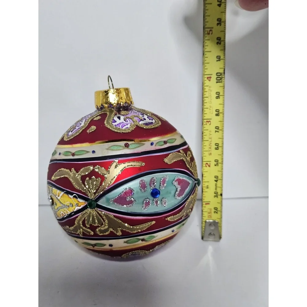 Set of 2 Polish Blown Glass Christmas Ornaments Red Ball Purple Bell Glitter Vtg
